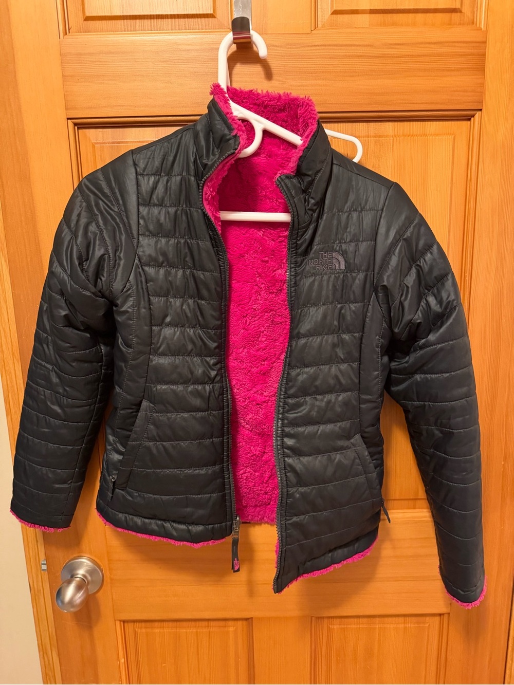 The North Face Black Puffer Jacket with Bright Pink Fleece Lining - Kids